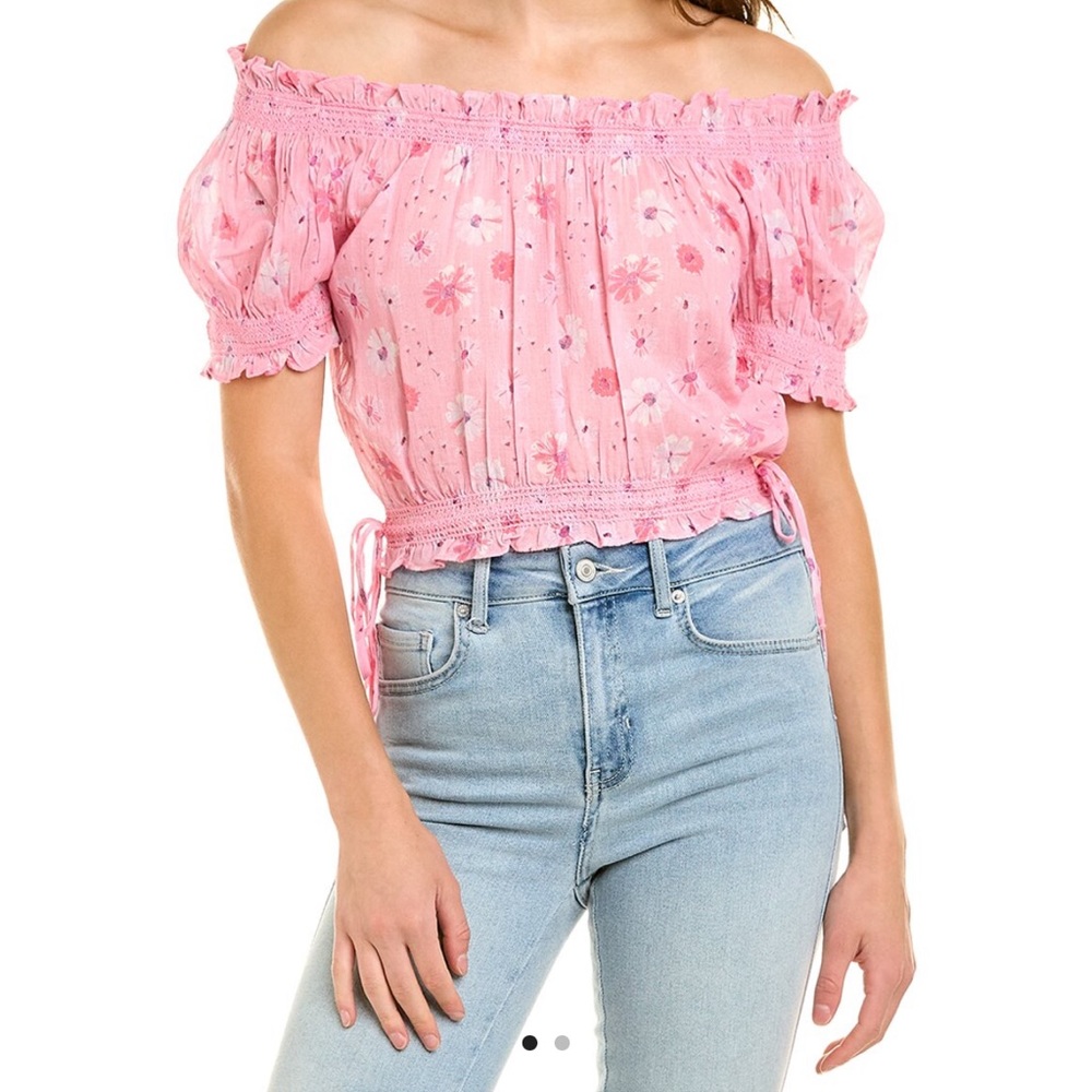 NWT Loveshackfancy Rosalinda Crop Top Pink Floral Puff Sleeve SS Top
